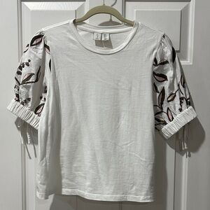 Joie White Short Sleeve Tee with Pink and Brown Leaf Embroidery